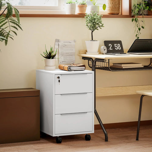 3-Drawer File Cabinet with Wheels, Vertical, Lock, White