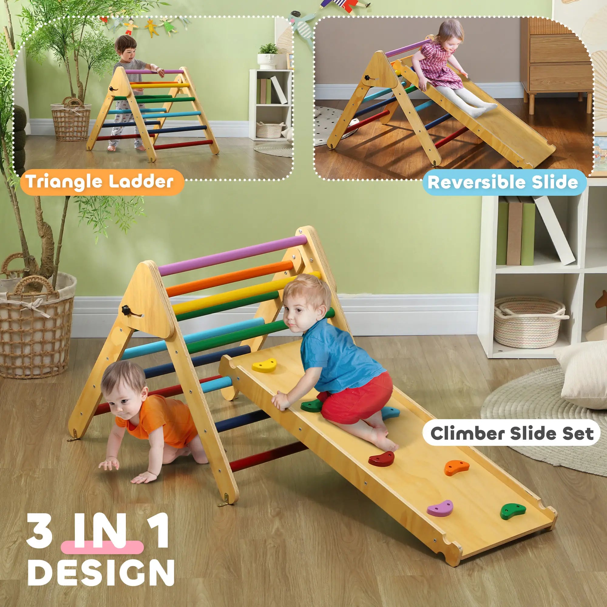 Pikler Triangle Set, 3 in 1 Climbing Toys with Ramp for Toddlers, Nature Wood Baby Gym & Playmats at Gallery Canada