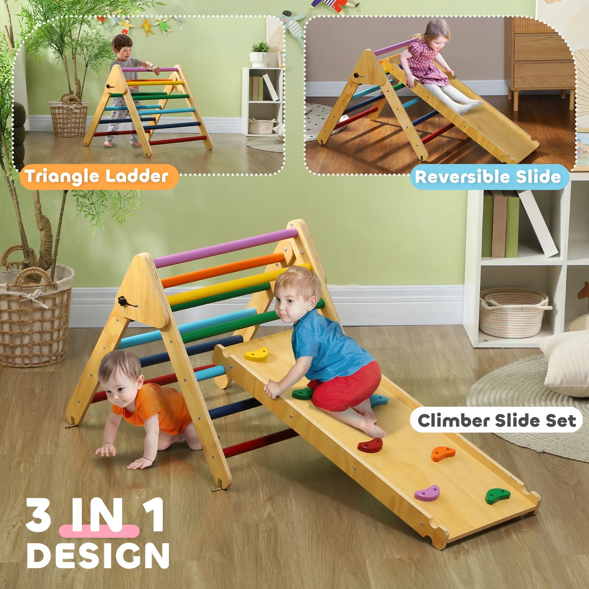 Pikler Triangle Set, 3 in 1 Climbing Toys with Ramp for Toddlers, Nature Wood Baby Gym & Playmats at Gallery Canada