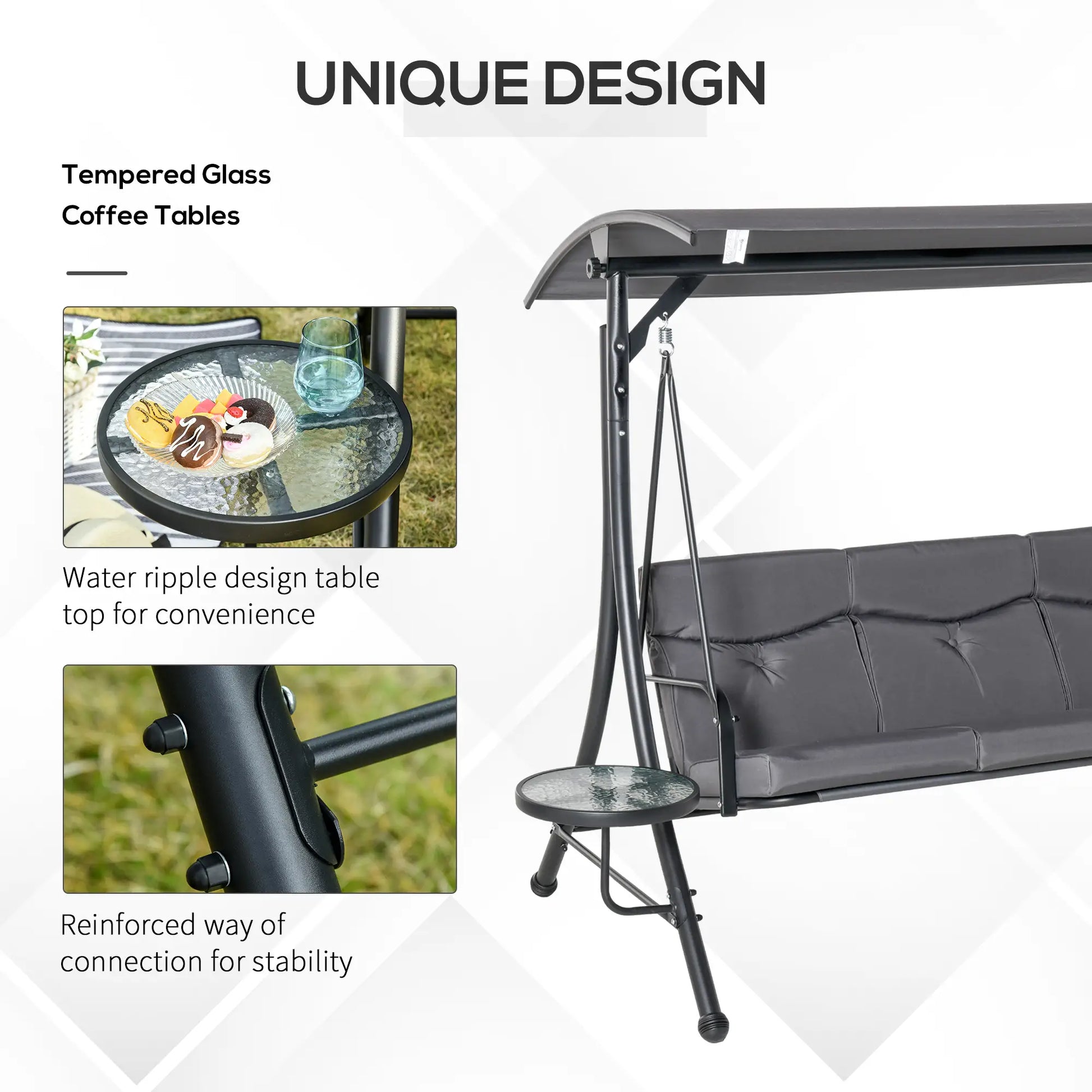 3 Seat Outdoor Swing Chair, Steel Bench With Canopy, Coffee Tables, Cushion, Dark Grey Patio Swings with Stand at Gallery Canada