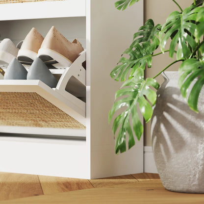 Rattan Shoe Storage Cabinet, 3 Flip Drawers, Adjustable Shelves, 18 Pairs, White Shoe Storage Cabinets & Racks at Gallery Canada