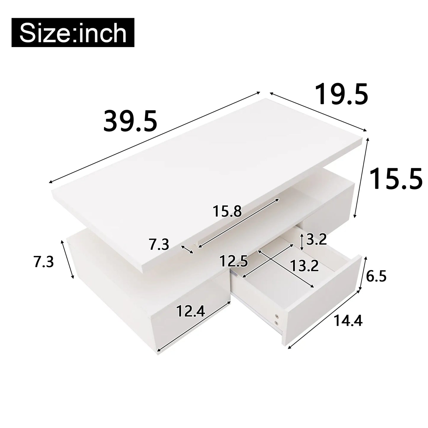 High-Gloss Coffee Table, Hidden Drawer, 39.5" L x 19.5" W x 15.5" H, White Coffee Tables at Gallery Canada