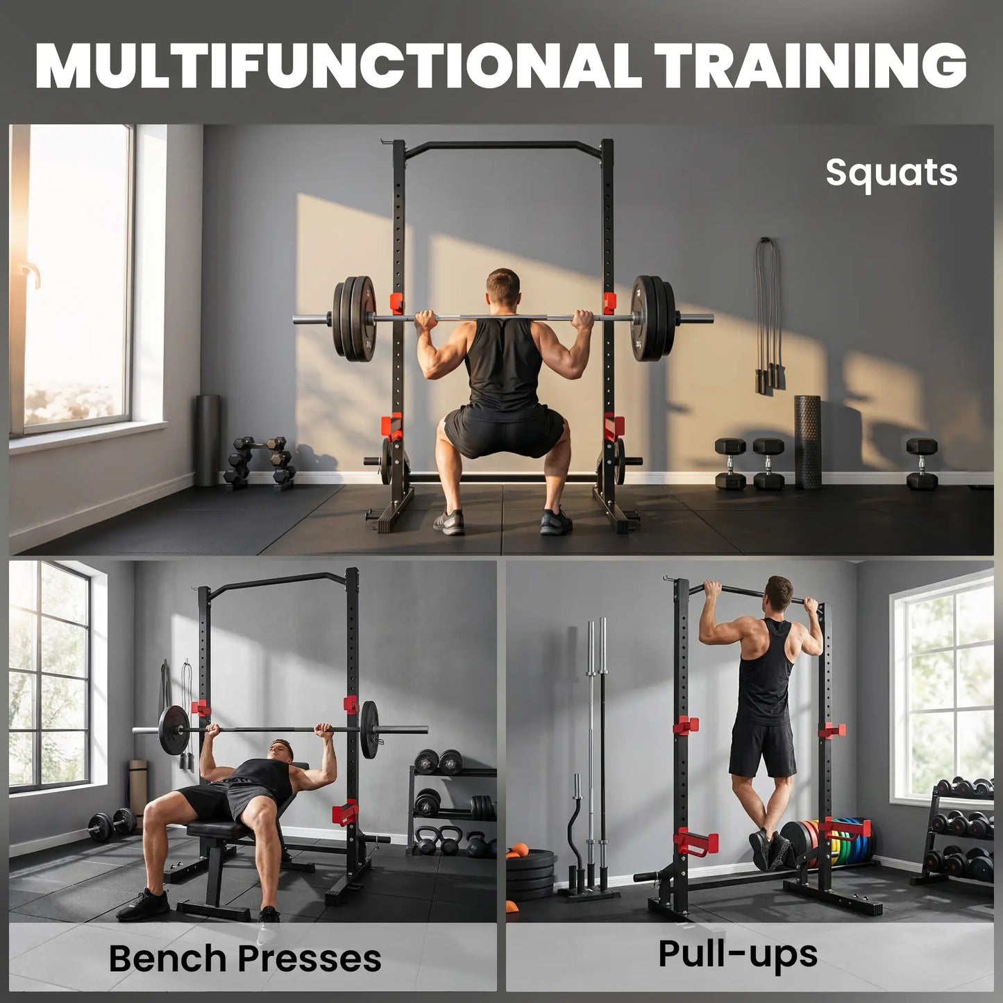 Power Cage Squat Rack, 1100LB, Pull-Up Bar, J-Hooks, Plate Storage