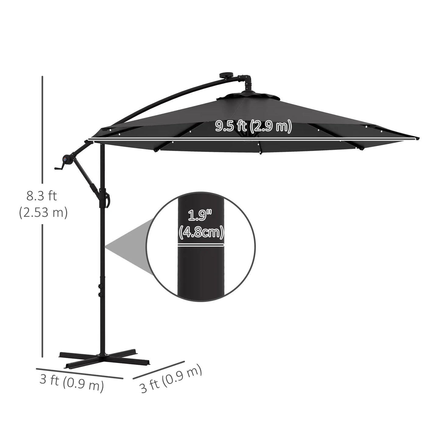 9.5' Offset Patio Umbrella with Solar LED Lights, Dark Grey Cantilever Umbrellas at Gallery Canada