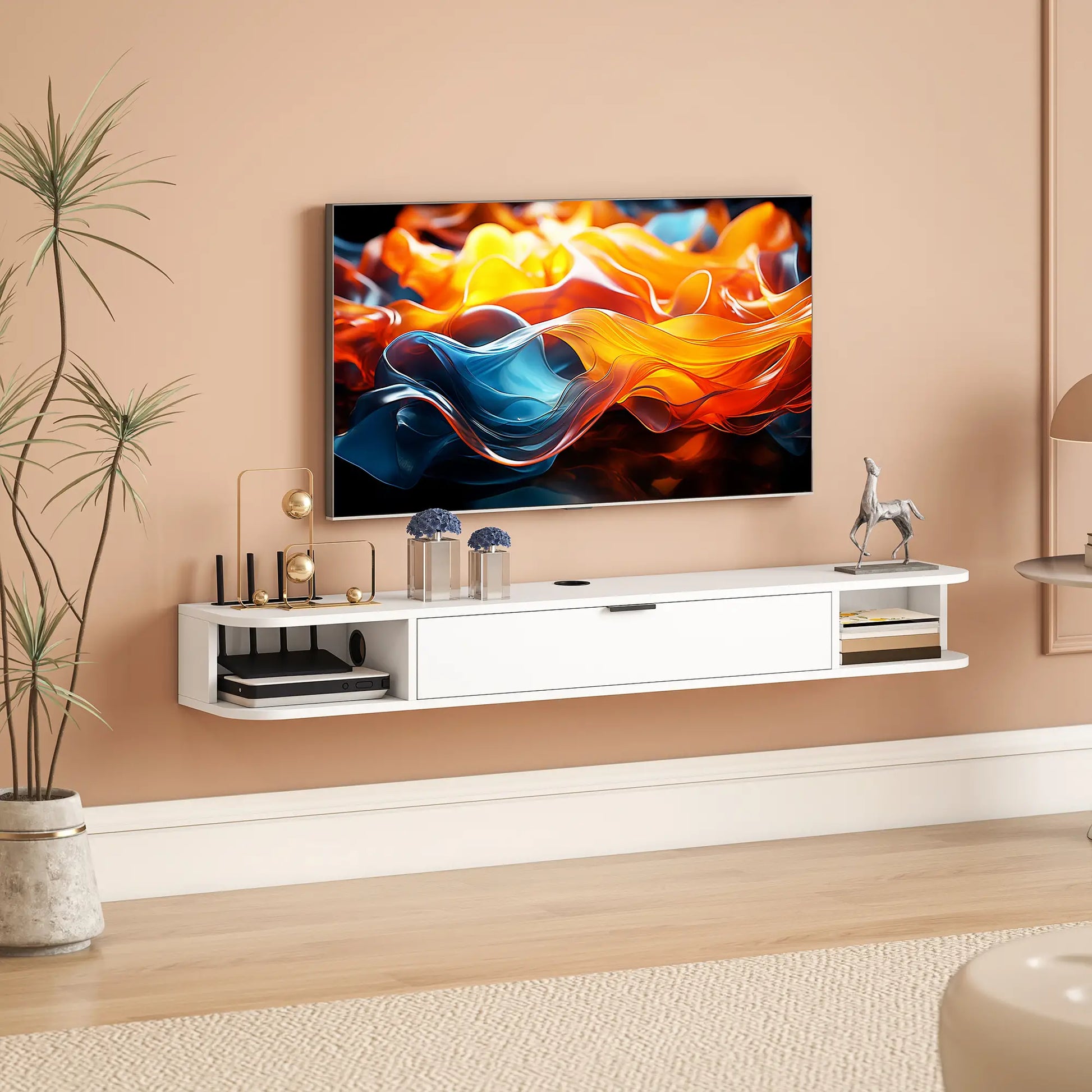 55 Inch Floating TV Stand, Wall Mounted Media Console, Flip Drawer, 2 Shelves, White TV Stands at Gallery Canada