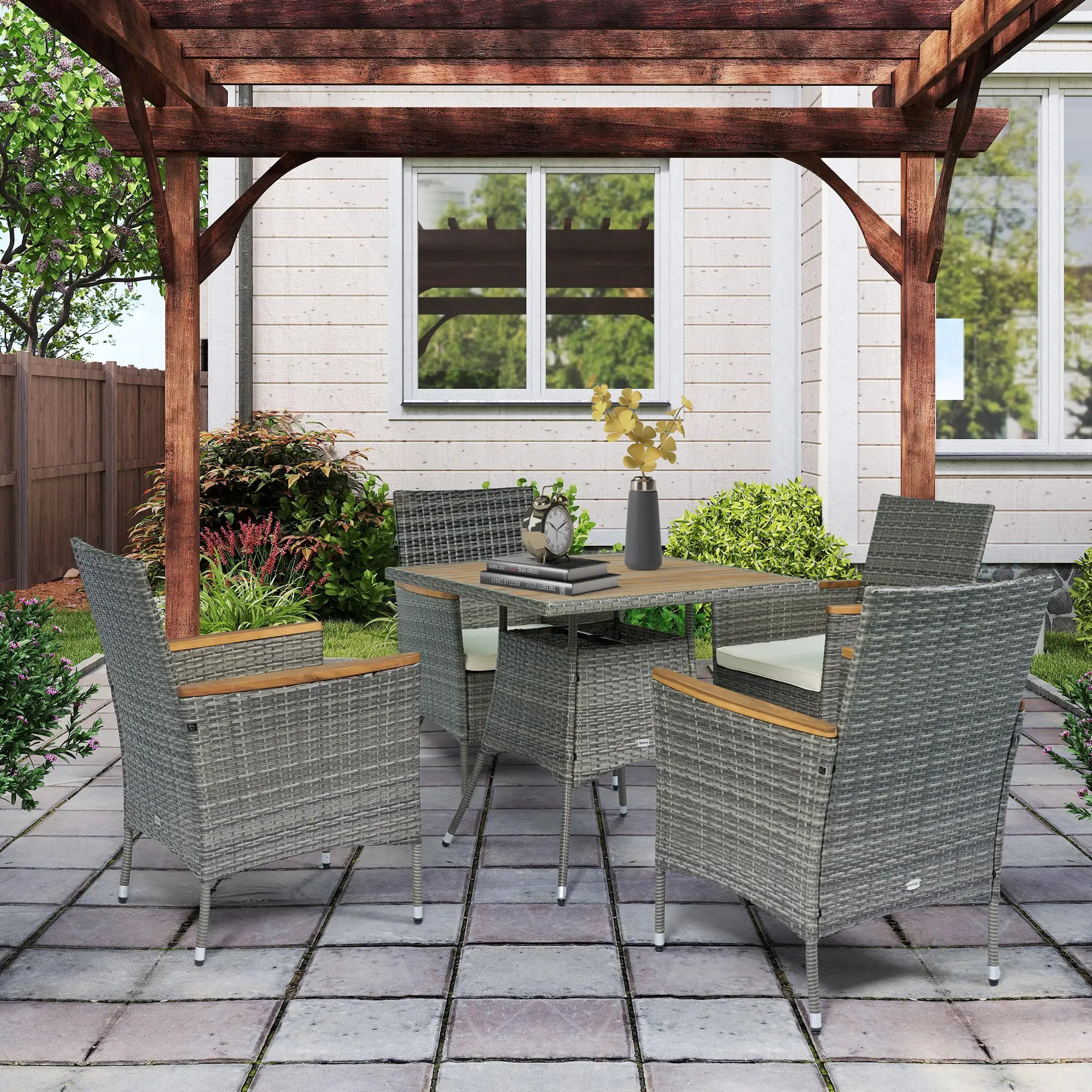 5-Piece Rattan Patio Dining Set, Outdoor Table and Chairs, Teak Patio Furniture Sets at Gallery Canada