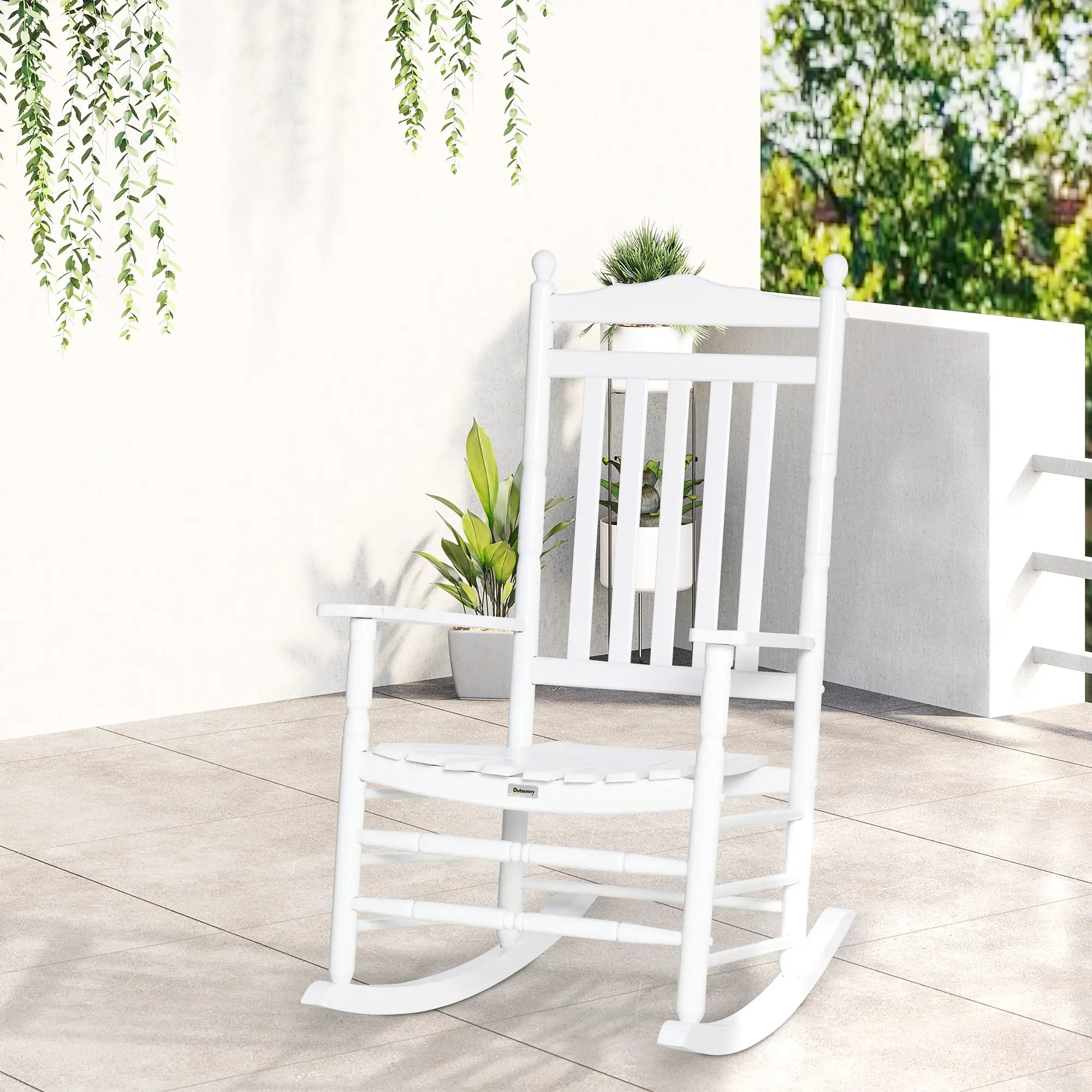 Wooden Outdoor Rocking Chair, Patio Chair with Slatted Back, White Outdoor Rocking Chairs at Gallery Canada