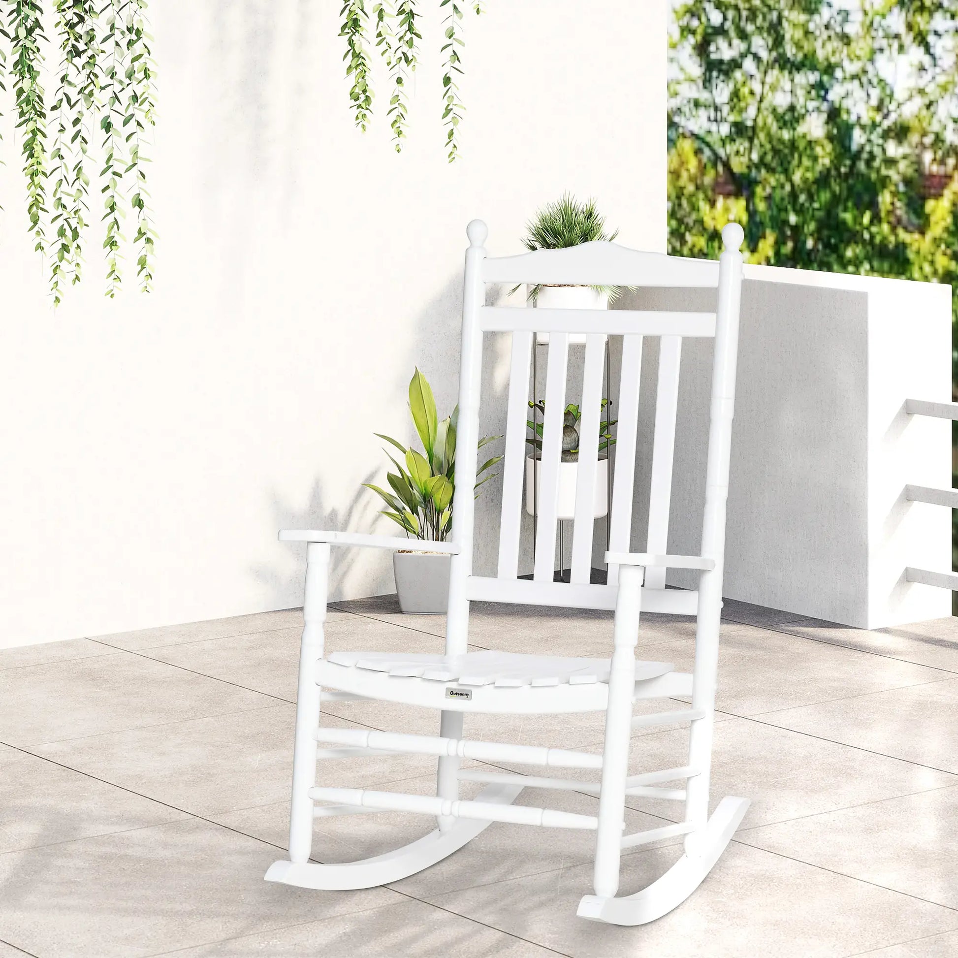 Wooden Outdoor Rocking Chair, Patio Chair with Slatted Back, White Outdoor Rocking Chairs at Gallery Canada