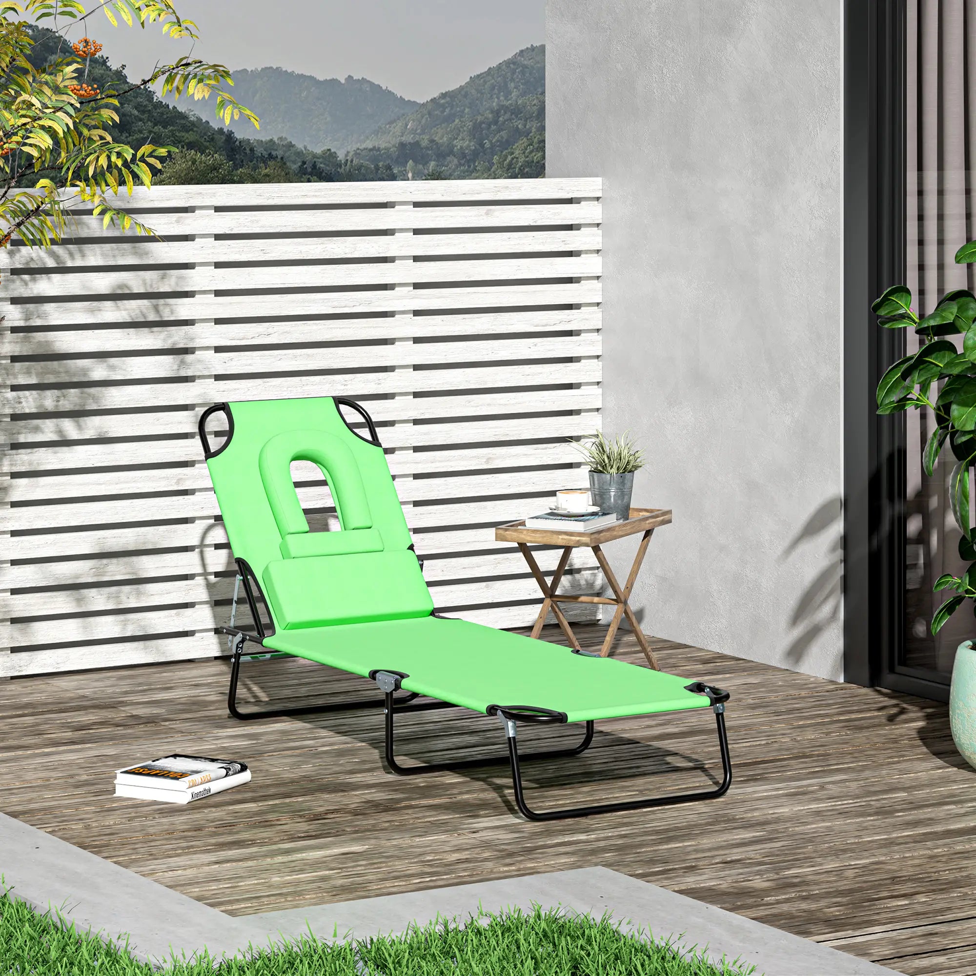 Adjustable Outdoor Lounge Chair, Folding Chaise with Face Hole, Green Lounger Chairs at Gallery Canada