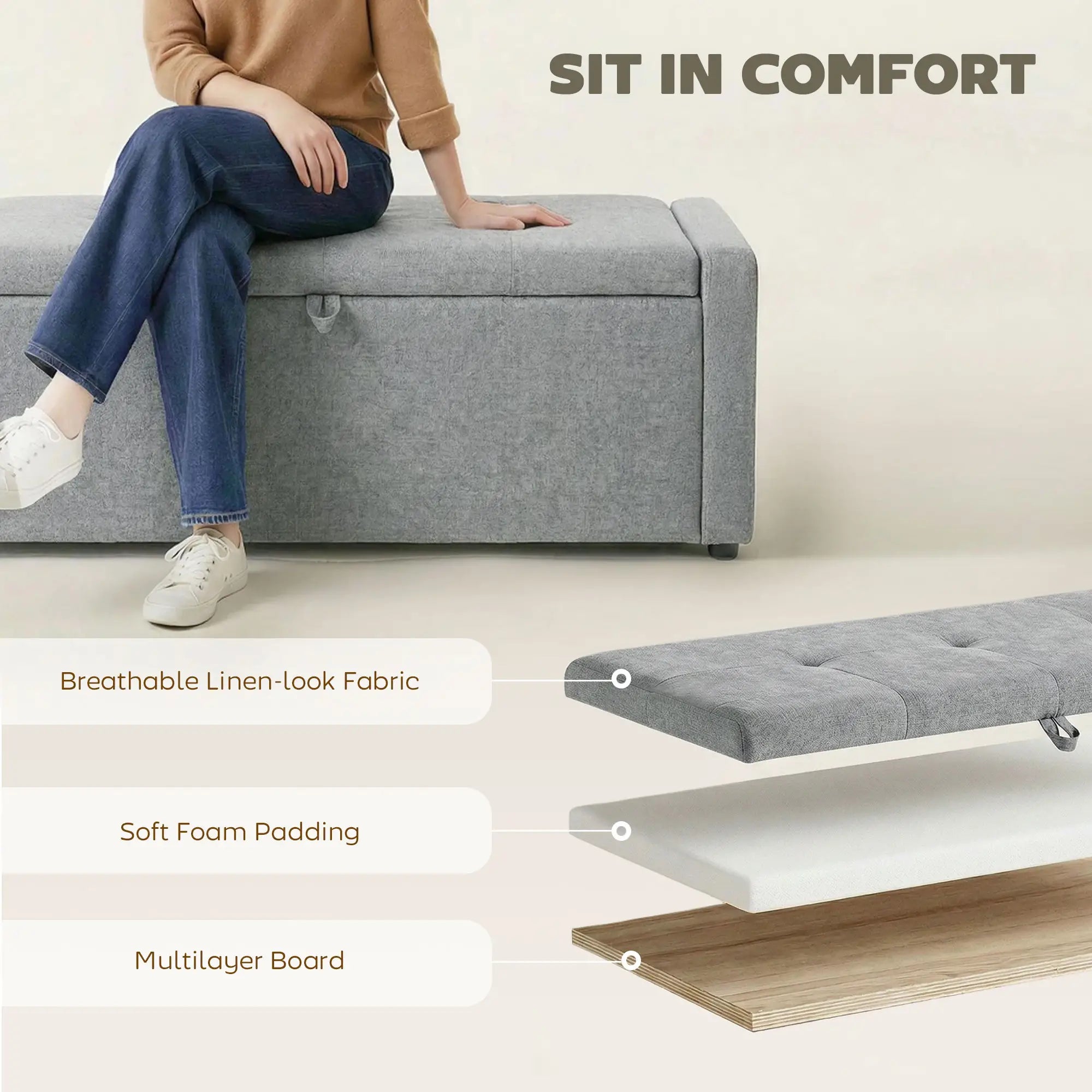 Storage Ottoman Bench, Linen Fabric, Light Grey Storage Ottomans & Benches at Gallery Canada