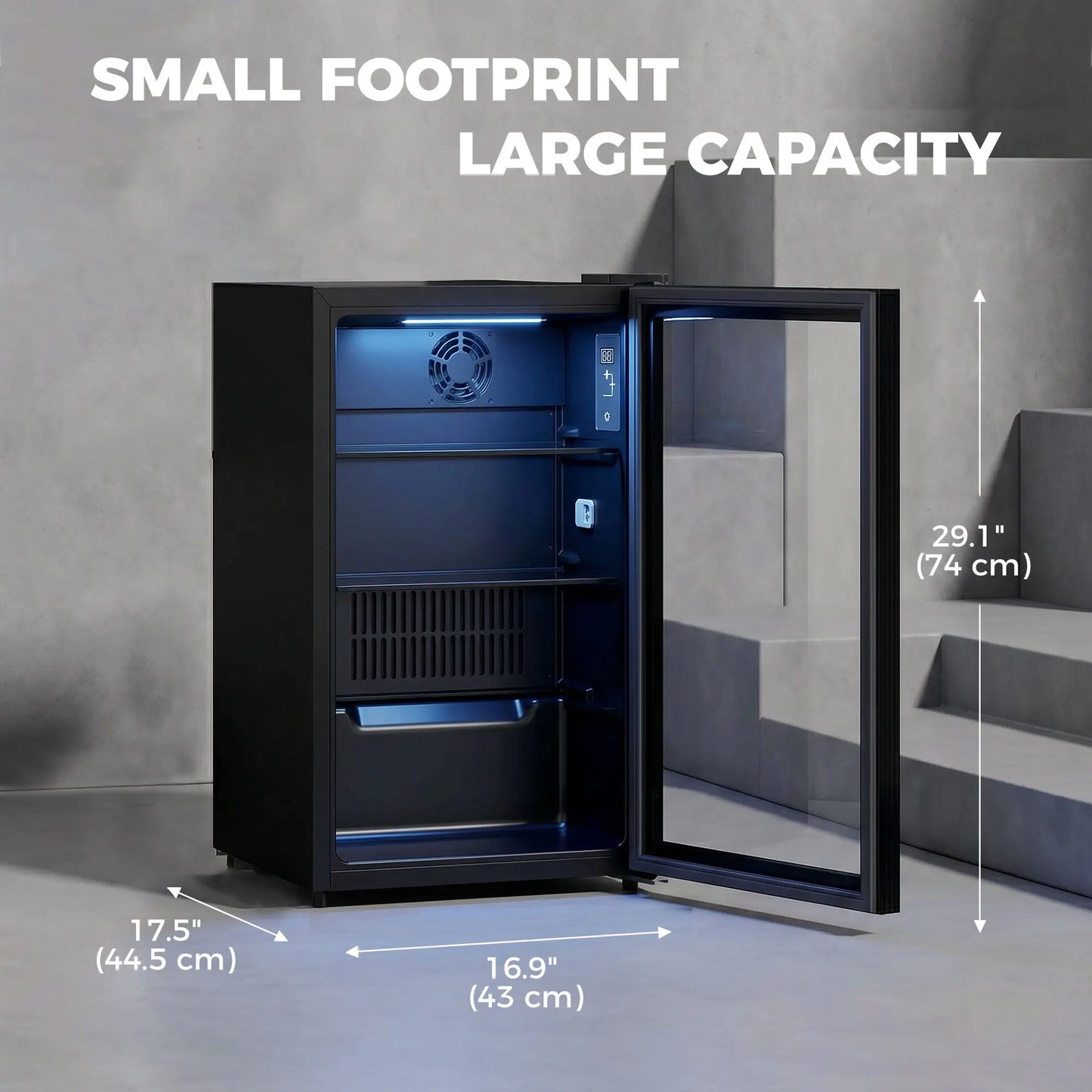 2.1 Cu.Ft Beverage Fridge, 85 Can, Glass Door, Auto-Defrost, LED, Black