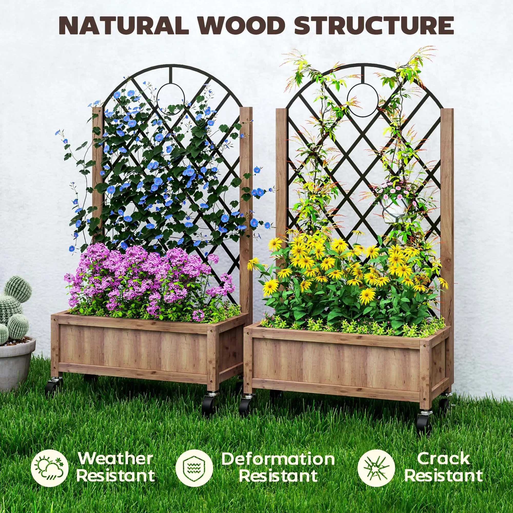 Raised Garden Bed With Metal Trellis, Elevated Planter Box With Wheels, 20.5