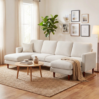 U Shaped Sectional Sofa, Corduroy, Double Chaise, Spring Cushions, 2200lb, Beige 3-Seater Sofas at Gallery Canada
