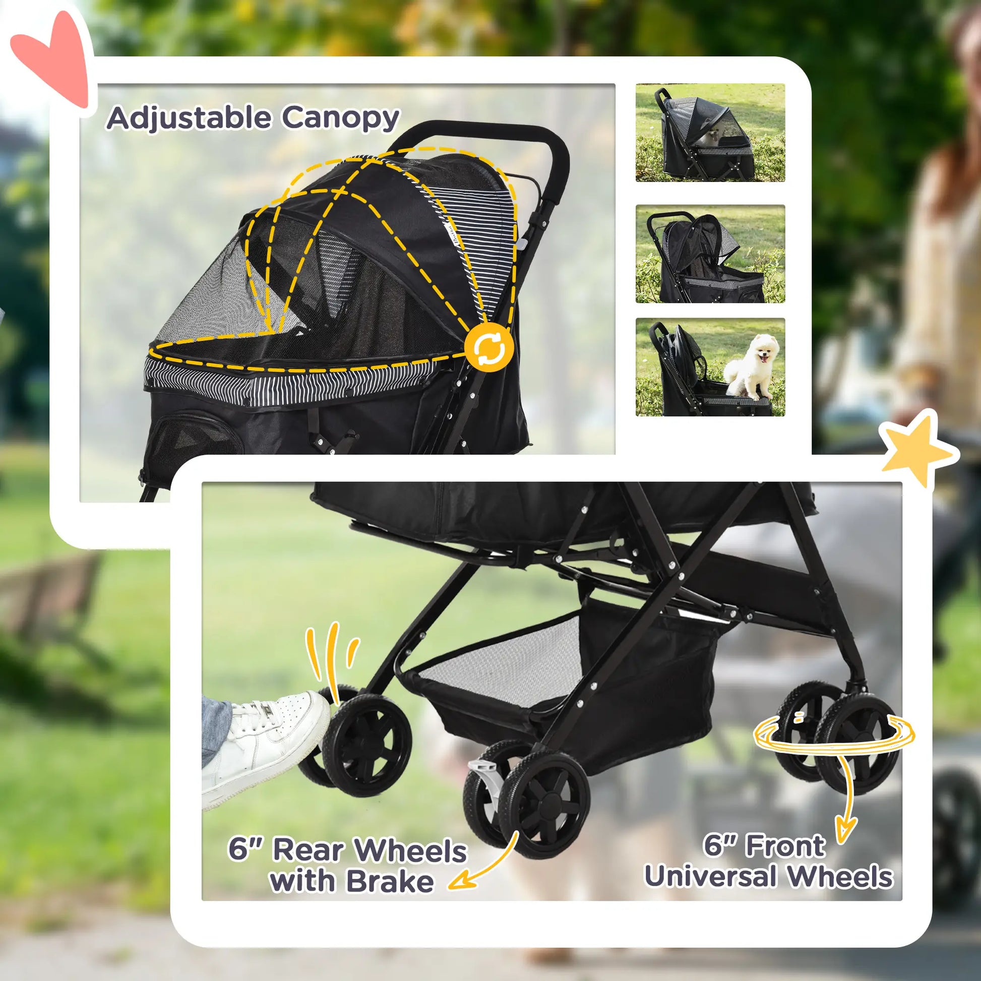 Foldable Pet Stroller, 4 Wheels, EVA Brake, 3-Stage Canopy, Mesh Window, Black Dog Bike Trailers & Strollers at Gallery Canada