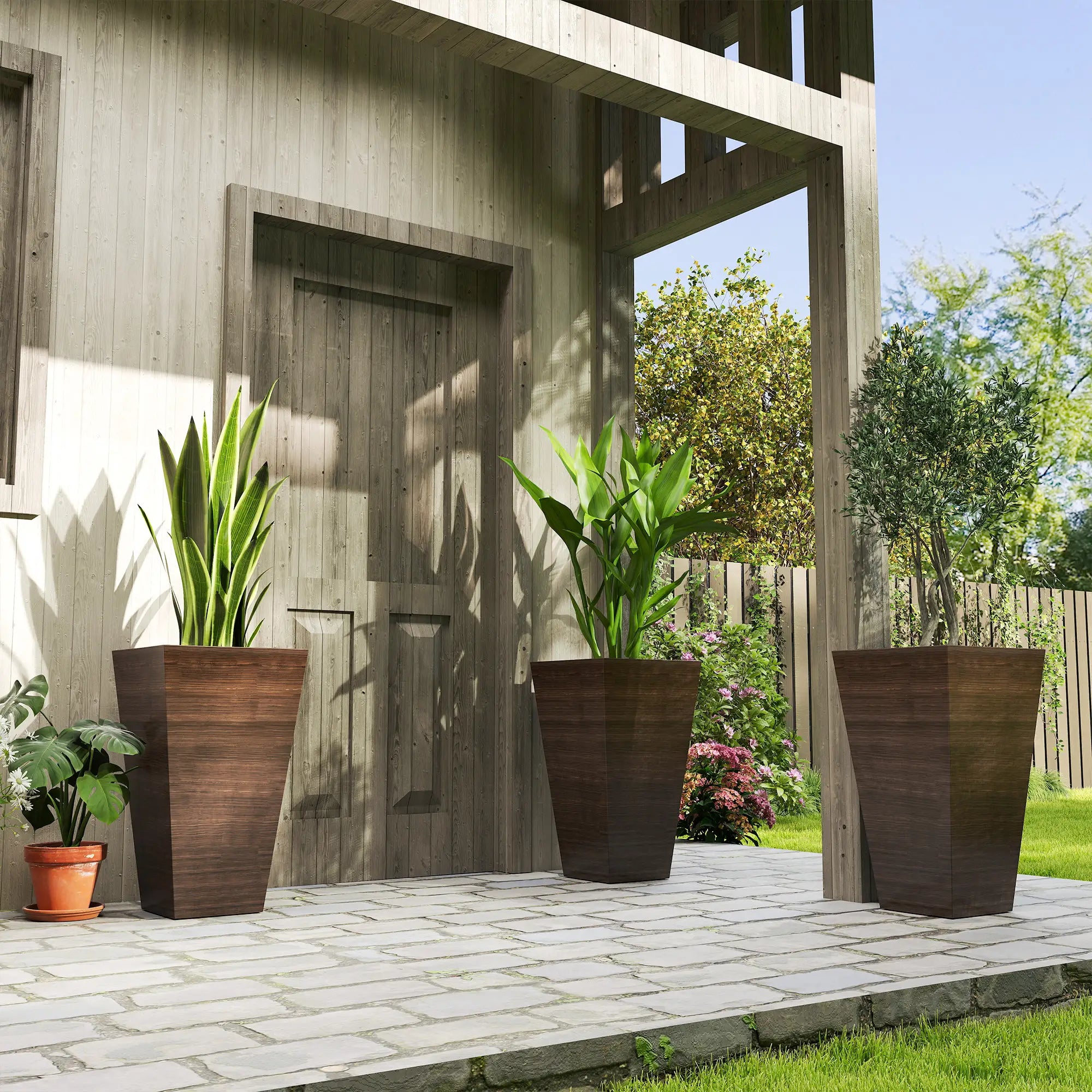 Tall Planter Set Of 3, 28 Inch Taper Planter With Drainage Holes, Brown Planter Set at Gallery Canada