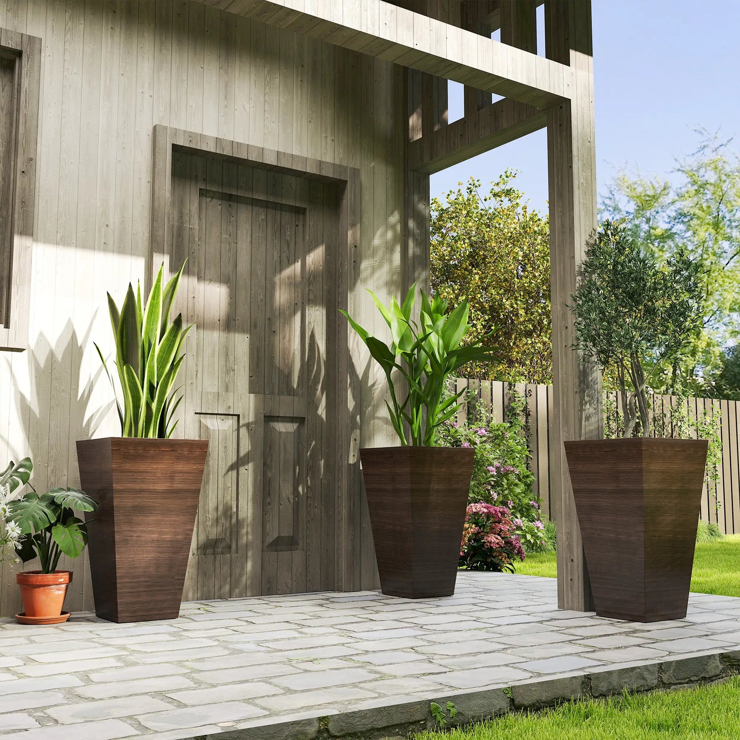 Tall Planter Set Of 3, 28 Inch Taper Planter With Drainage Holes, Brown Planter Set at Gallery Canada