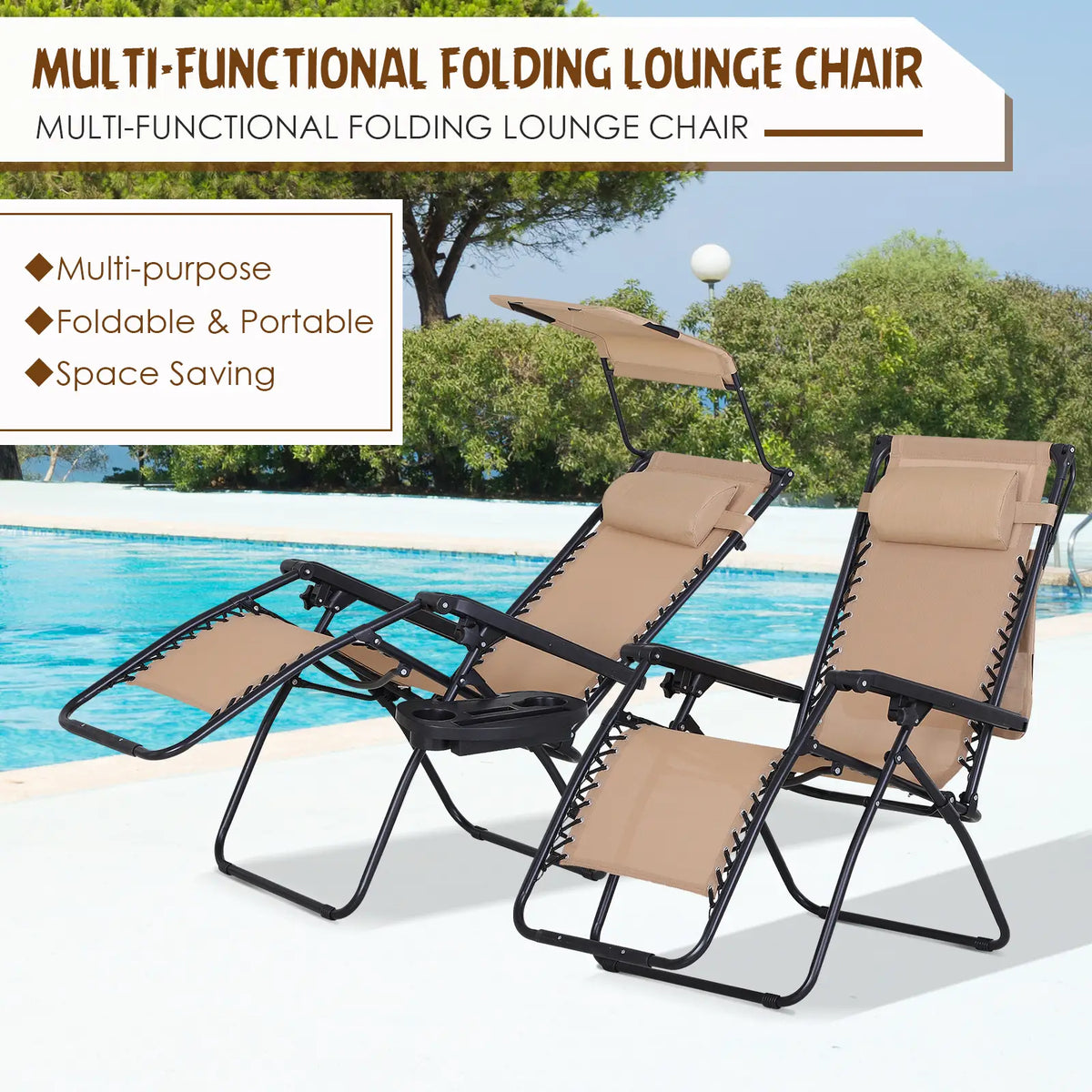 2 Piece Foldable Lounge Chair with Canopy, Outdoor Zero Gravity Chair, Beige