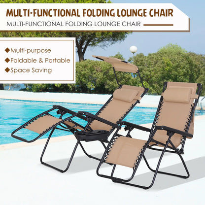 2 Piece Foldable Lounge Chair with Canopy, Outdoor Zero Gravity Chair, Beige