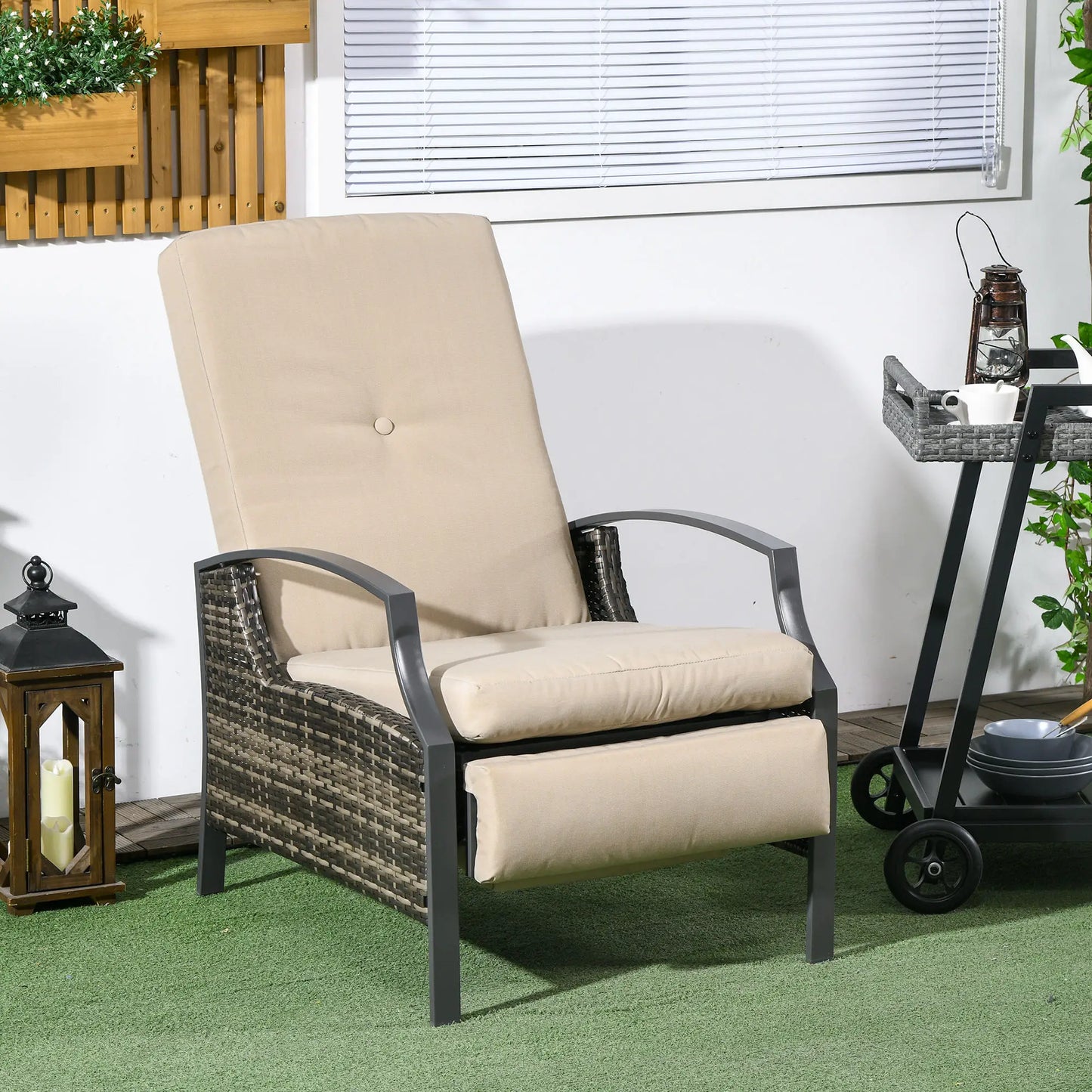 Outdoor Rattan Recliner Chair, Adjustable Back, Retractable Footrest, Khaki Chaise Loungers at Gallery Canada