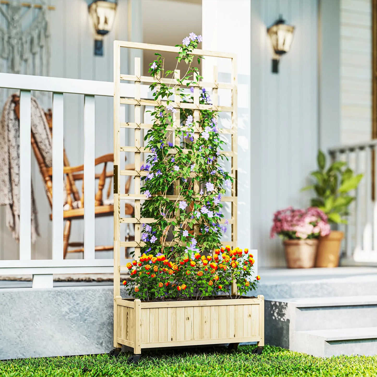 Wooden Planter With Trellis, Raised Garden Bed With Wheels, Drainage Holes Wooden Planter Boxes at Gallery Canada