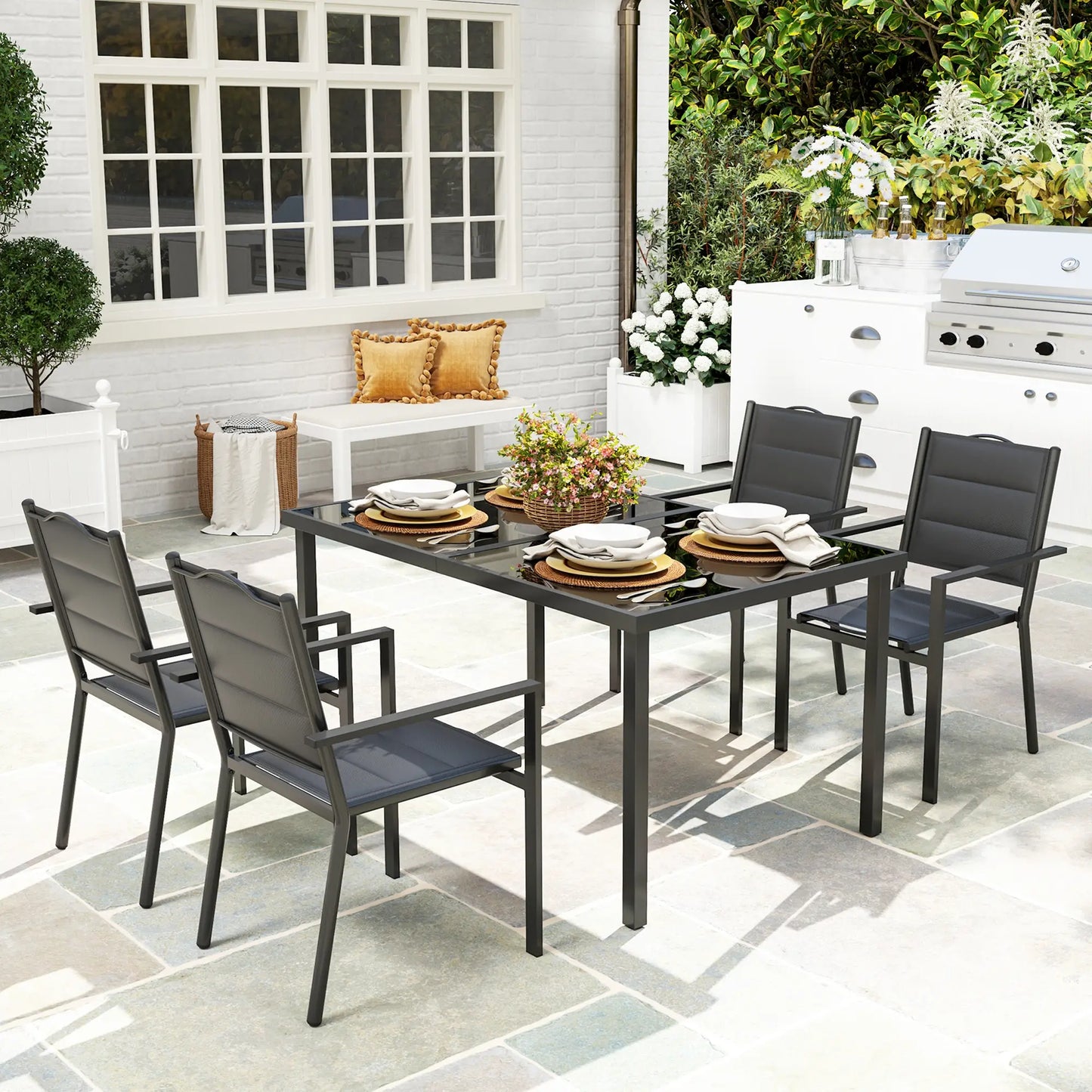 5 Piece Outdoor Dining Set, 4 Stackable Chairs, Rectangle Table, Tempered Glass Top, Steel Frame, Black Outdoor Dining Sets at Gallery Canada
