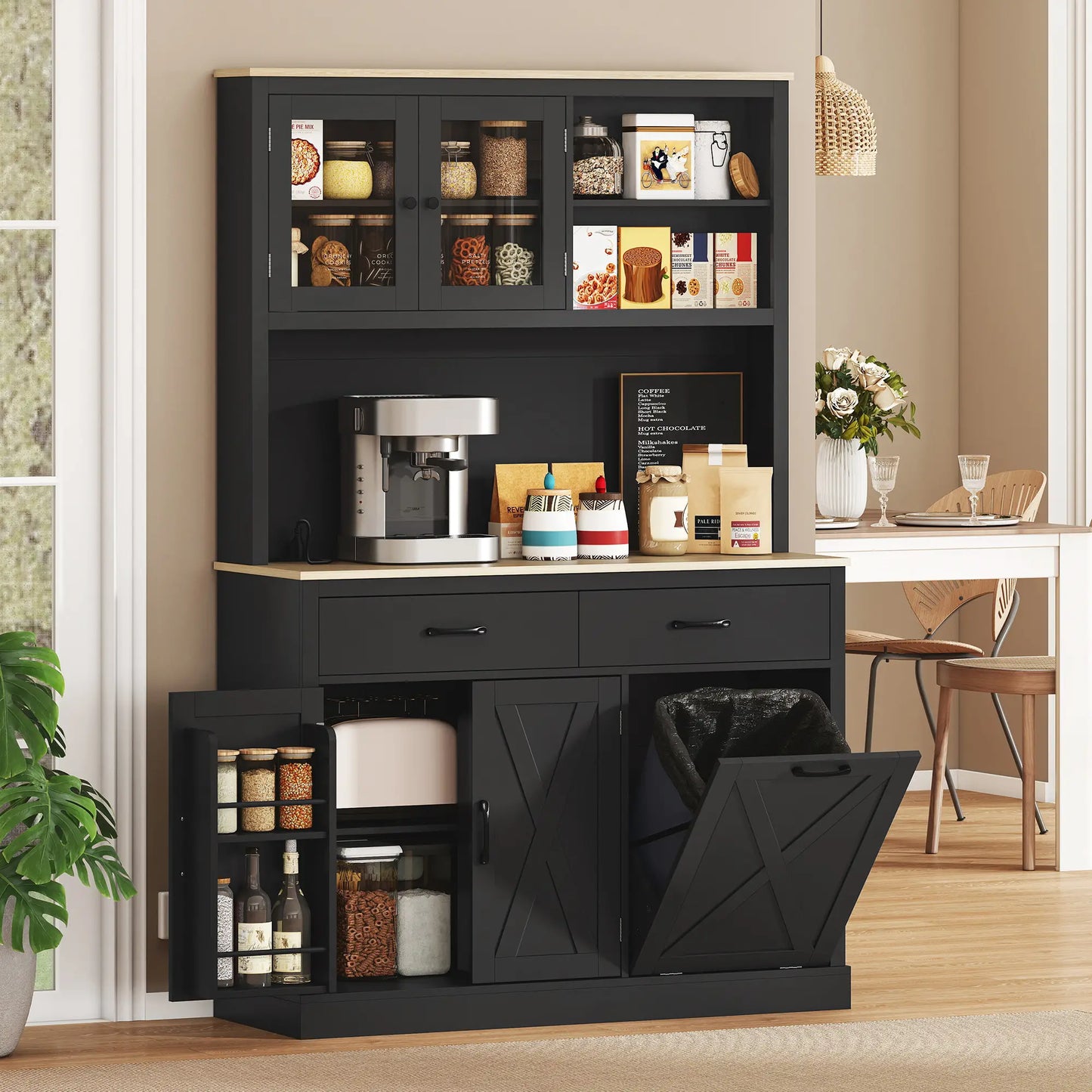 69 Inch Pantry Cabinet with Charging Station, Microwave Stand, Tilt-Out Trash Can, Black Kitchen Pantry Cabinets at Gallery Canada