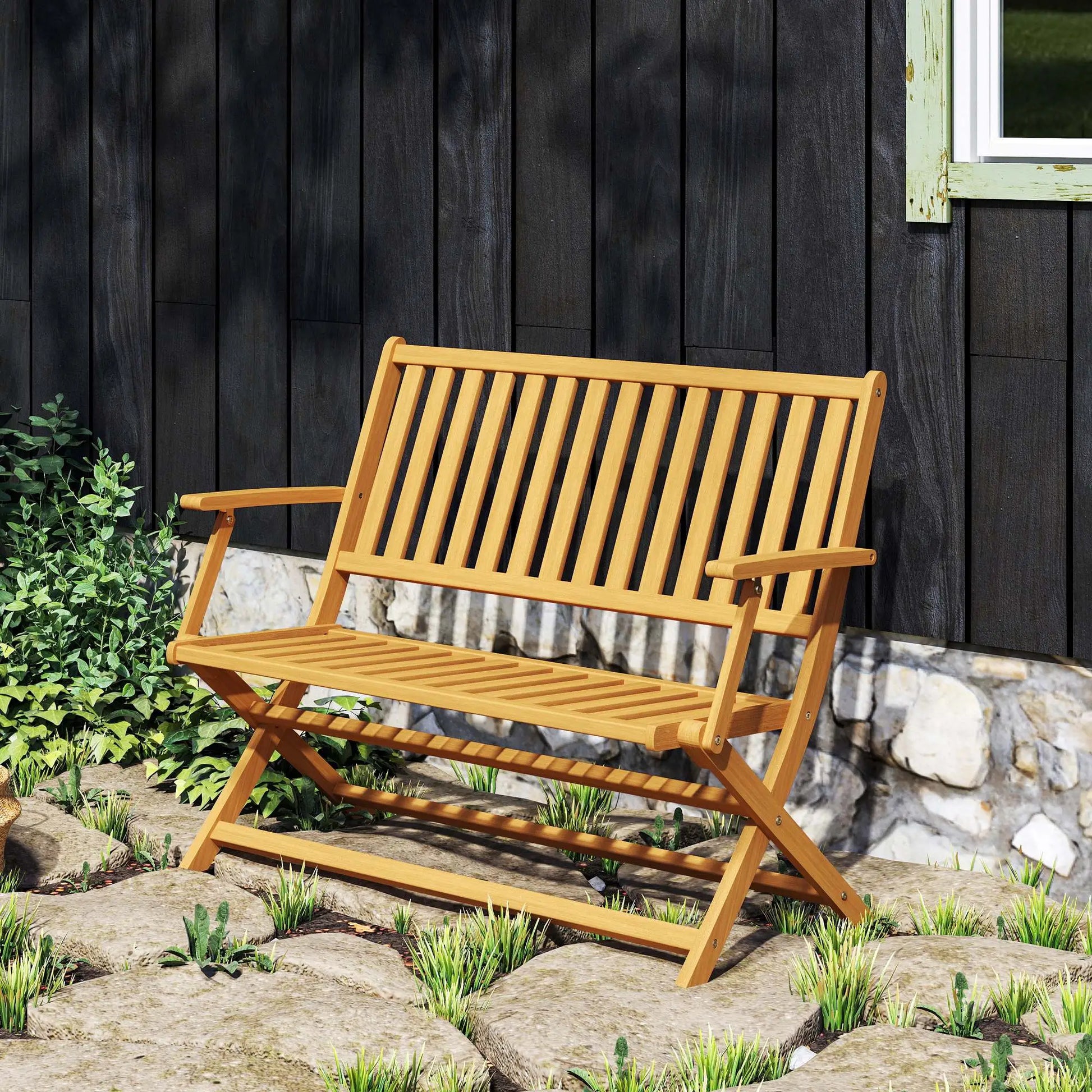 46.5" Foldable Wood Outdoor Bench, Backrest, Armrests, Teak Patio Chairs at Gallery Canada