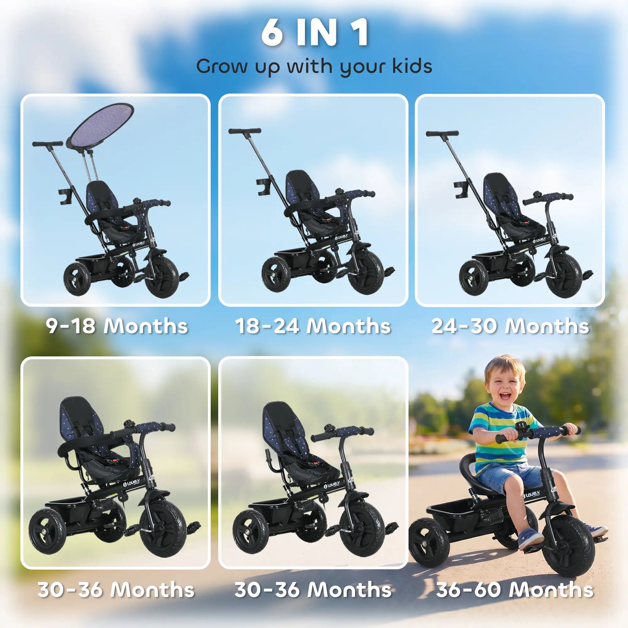 6 in 1 Kids Tricycle, Removable Handlebar, Canopy, Navy Blue Tricycles for Kids at Gallery Canada