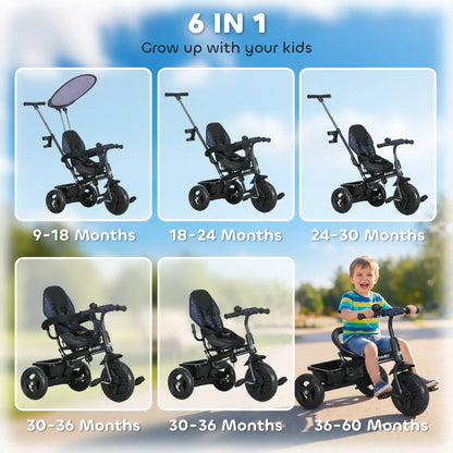 6 in 1 Kids Tricycle, Removable Handlebar, Canopy, Navy Blue Tricycles for Kids at Gallery Canada