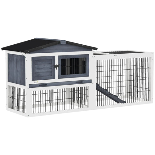 Wood Rabbit Hutch With Ramp, Openable Roof, Pull Out Tray, Dark Grey