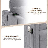 52" Velvet Sofa Bed, Pull Out Sleeper, USB Ports, Dark Grey