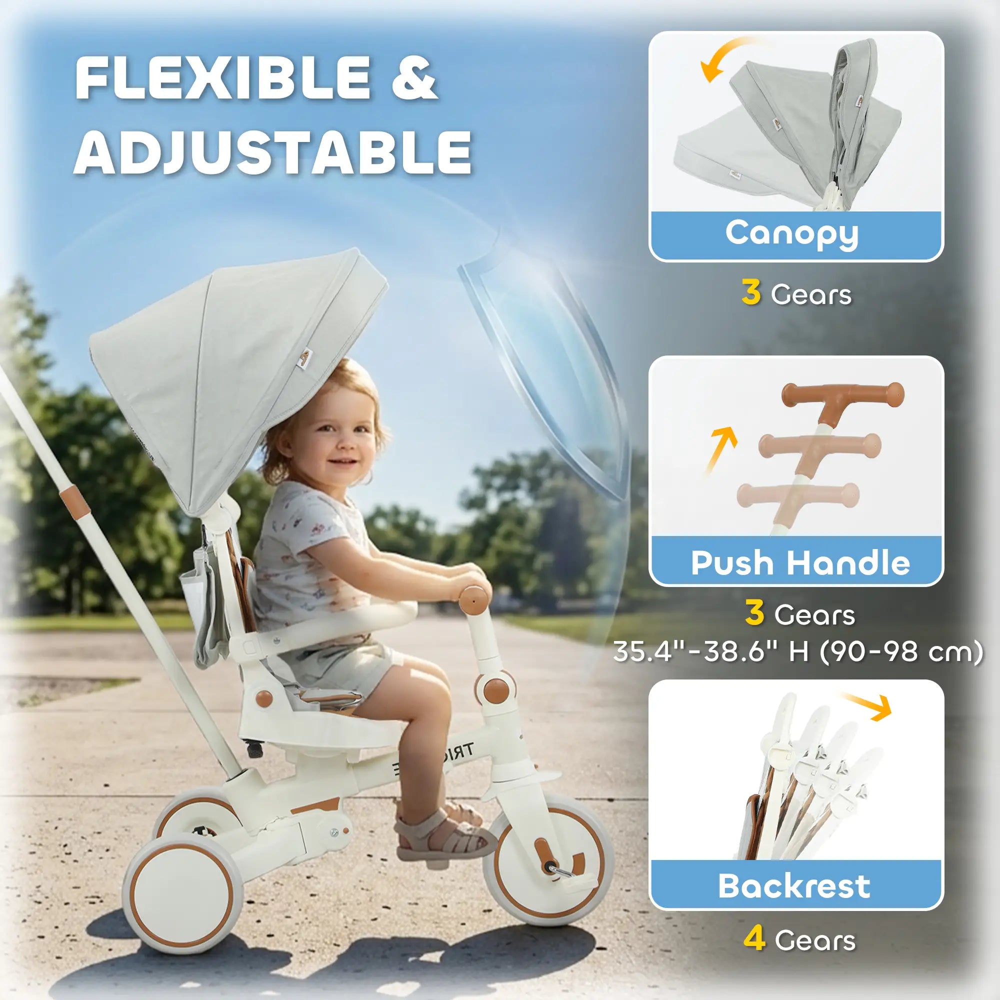 7 in 1 Toddler Tricycle, Safety Harness, Adjustable Parent Handle, Cream White Tricycles for Kids at Gallery Canada
