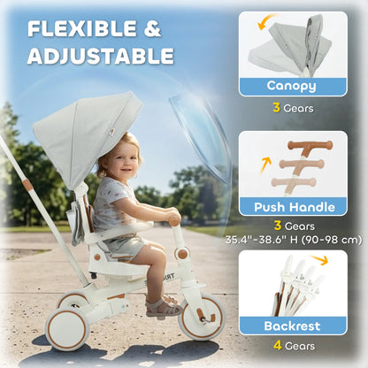 7 in 1 Toddler Tricycle, Safety Harness, Adjustable Parent Handle, Cream White Tricycles for Kids at Gallery Canada