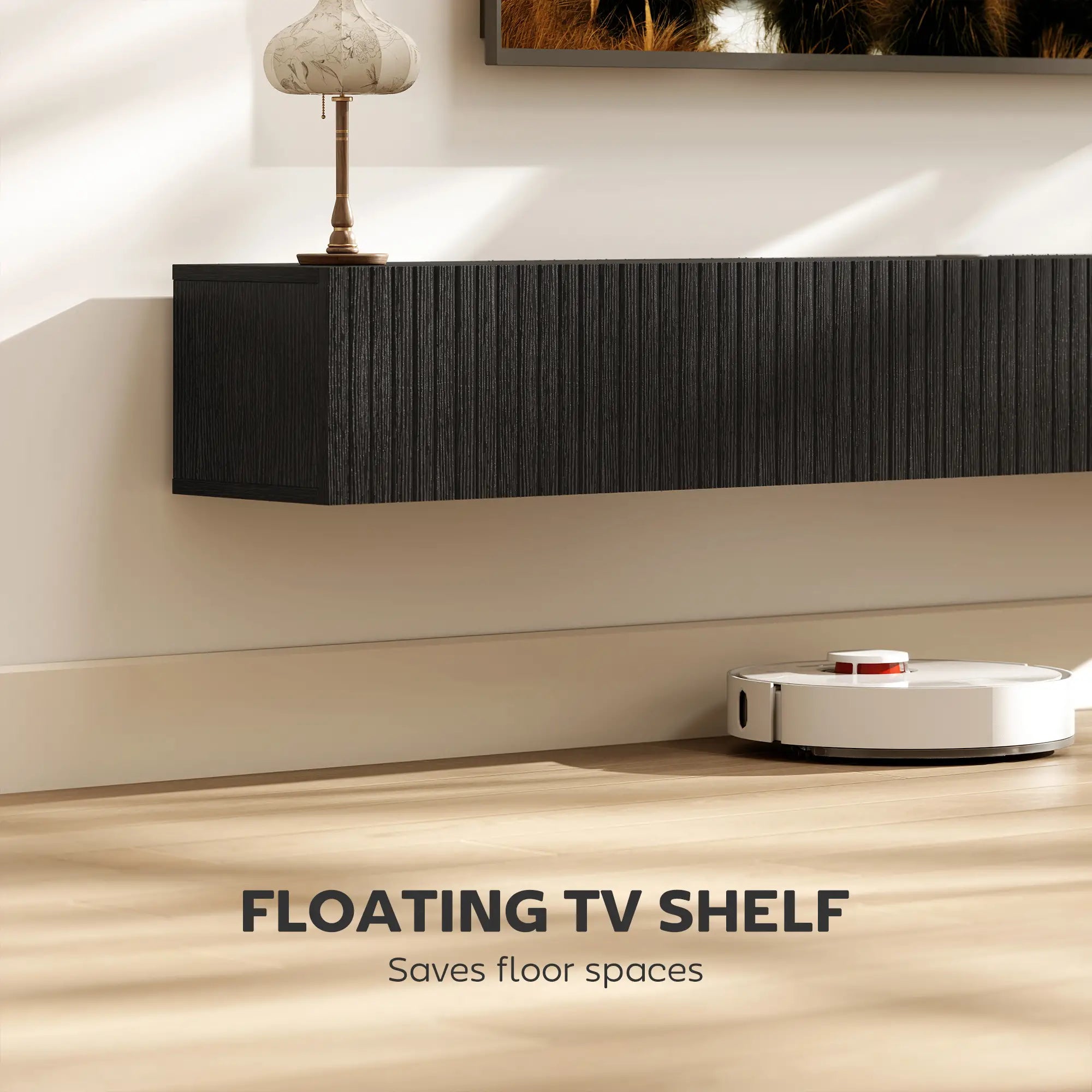 71 Inch Floating TV Stand, Wall Mount Media Console, 2 Fluted Doors, Black TV Stands at Gallery Canada