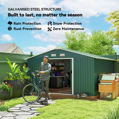 11' x 13' Garden Storage Shed, Double Sliding Door, 4 Ventilation Slots, Green Sheds at Gallery Canada