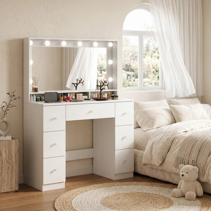 Vanity Desk with 10 Dimmable LED Lights, Mirror Dressing Table with 7 Drawers and Charging Station, White