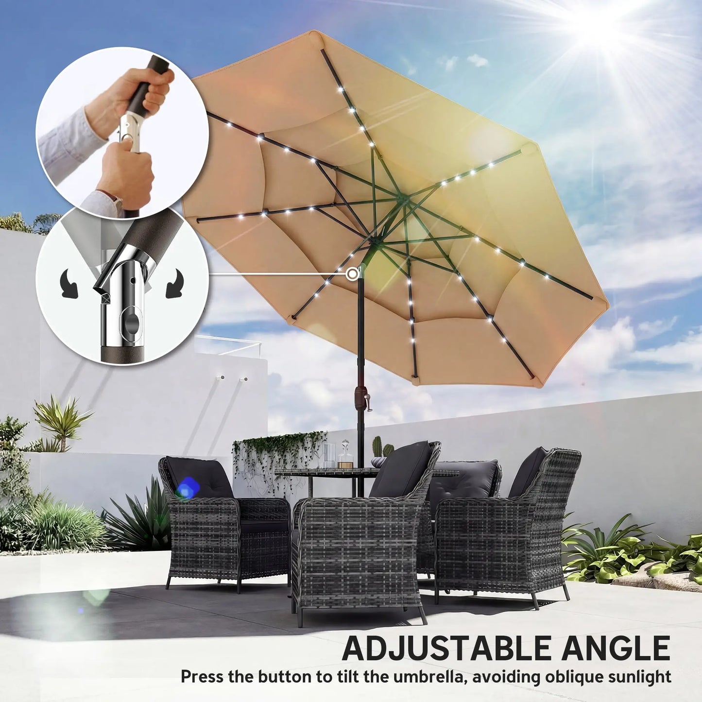 9.3 ft Patio Umbrella With Solar LED Lights, Cover, Tilt, Crank, Khaki Sun Umbrellas at Gallery Canada