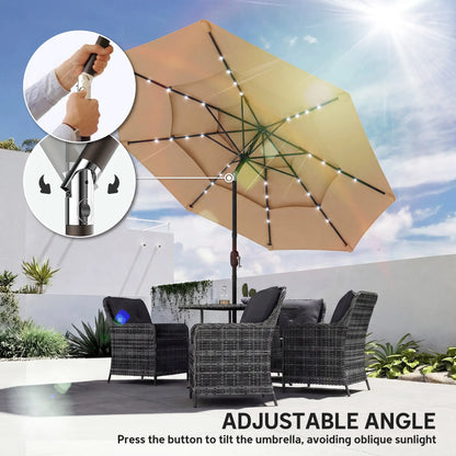 9.3 ft Patio Umbrella With Solar LED Lights, Cover, Tilt, Crank, Khaki Sun Umbrellas at Gallery Canada