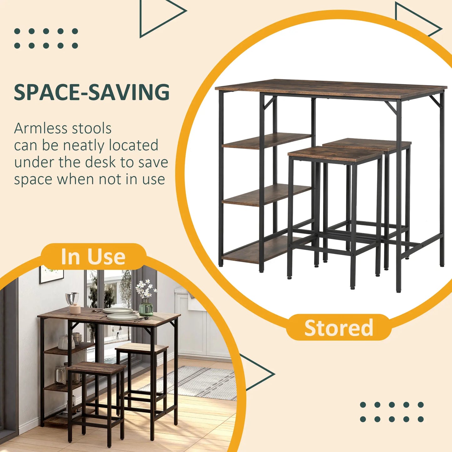 Industrial Dining Table Set for 2, Counter Height, Rustic Brown, Brown Bar Sets at Gallery Canada