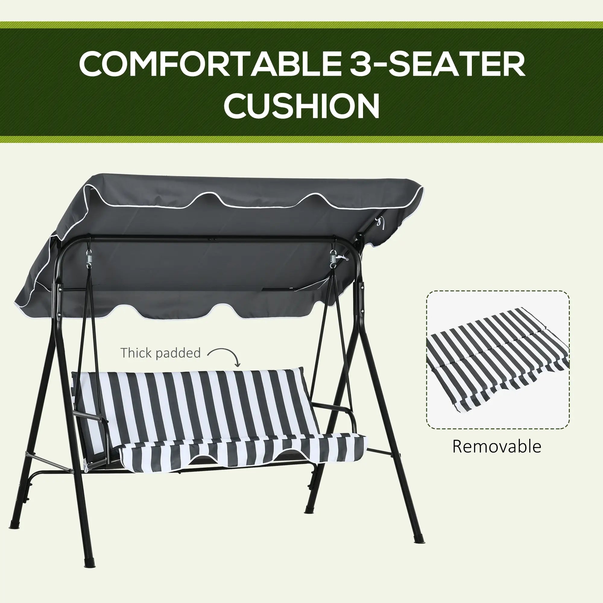 3-Seater Outdoor Porch Swing, Adjustable Canopy, White, Grey Patio Swings with Stand at Gallery Canada