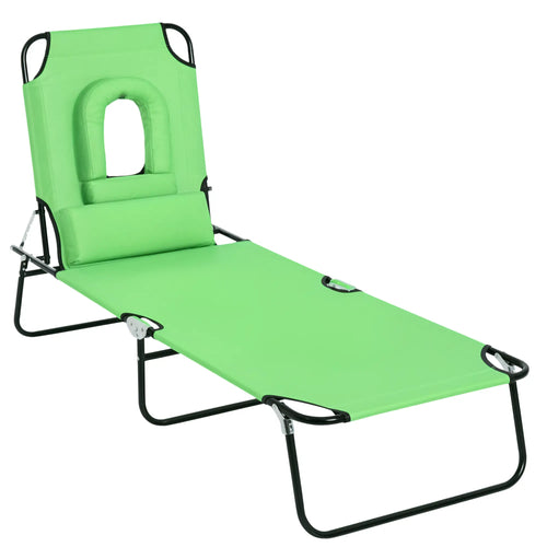 Adjustable Outdoor Lounge Chair, Folding Chaise with Face Hole, Green