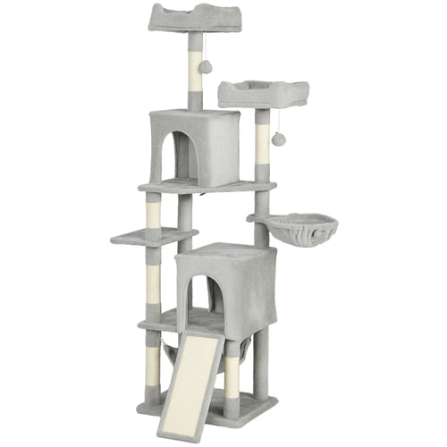 Cat Tree, 70 Inch Multi-Level Tower with Condos, Beds, Hammock, Light Grey