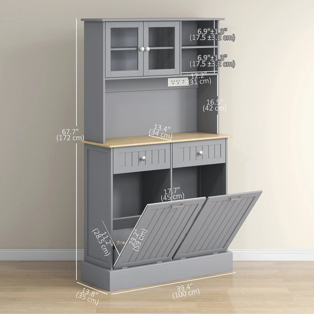 Kitchen Cabinet with Charging Station, 2 Tilt Out Cabinets, Microwave Stand, Grey Kitchen Pantry Cabinets at Gallery Canada