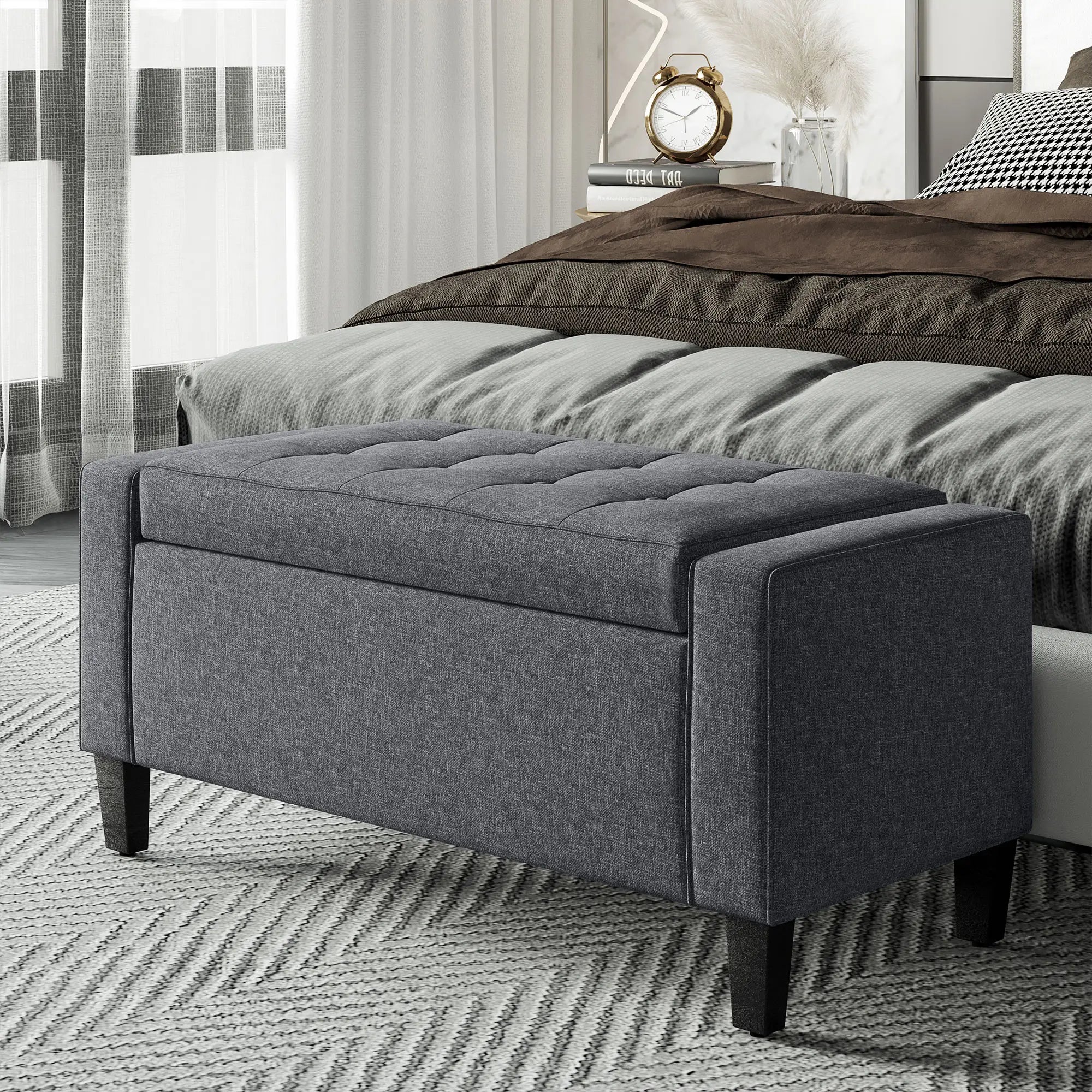 Storage Ottoman Bench, Linen Upholstered, Tufted Design Storage Ottomans & Benches at Gallery Canada