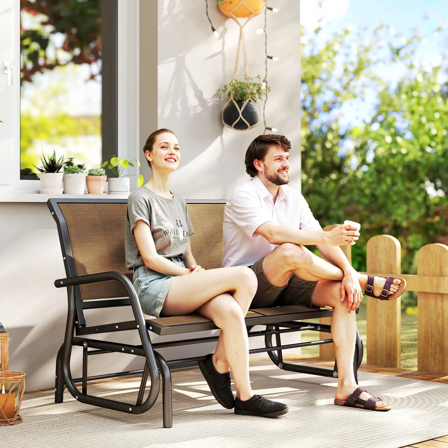 Outdoor Steel Glider Bench, Sling Fabric Swing Chair, Brown Outdoor Gliders at Gallery Canada