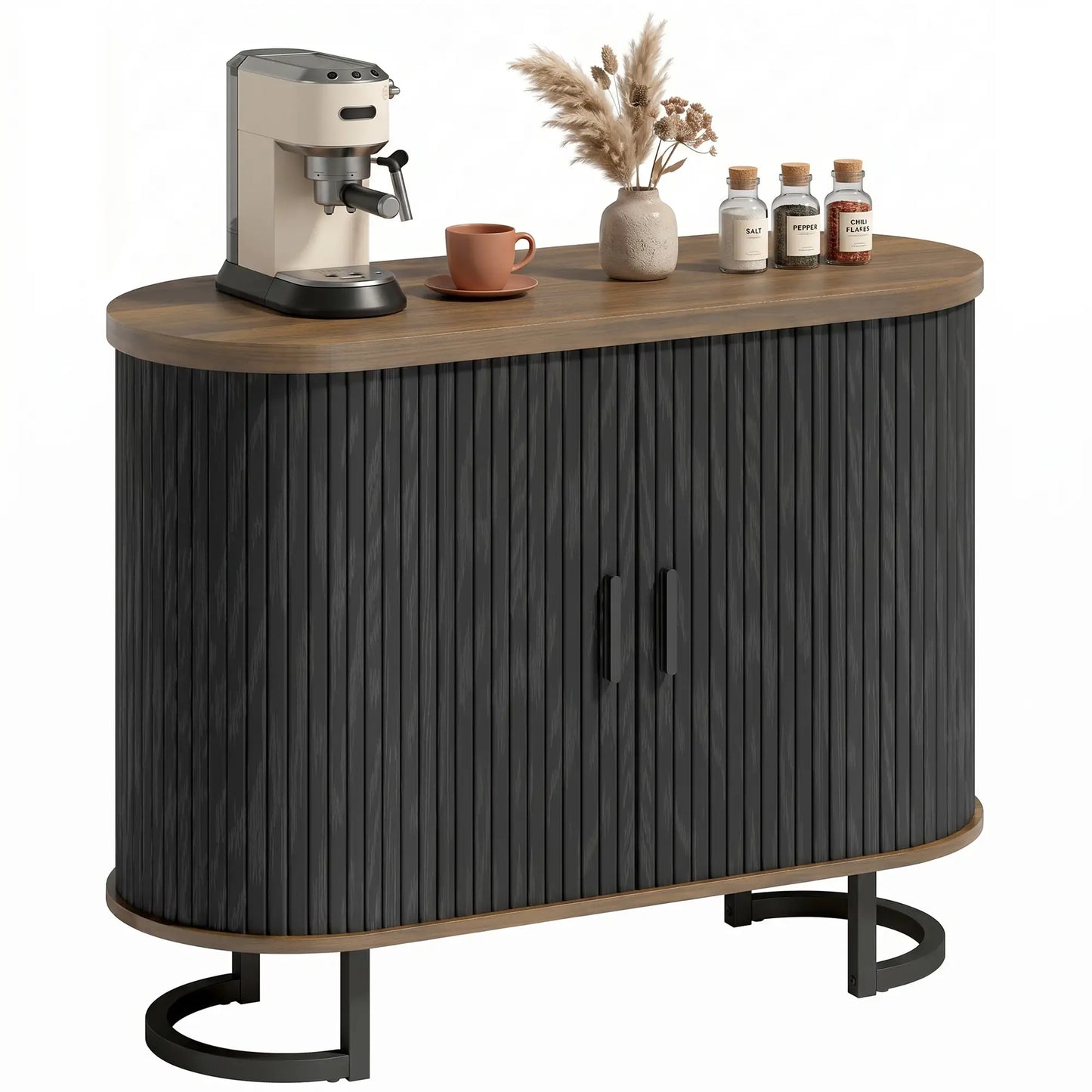 Sideboard Buffet Cabinet with Curved Tambour Doors, Brown/Black