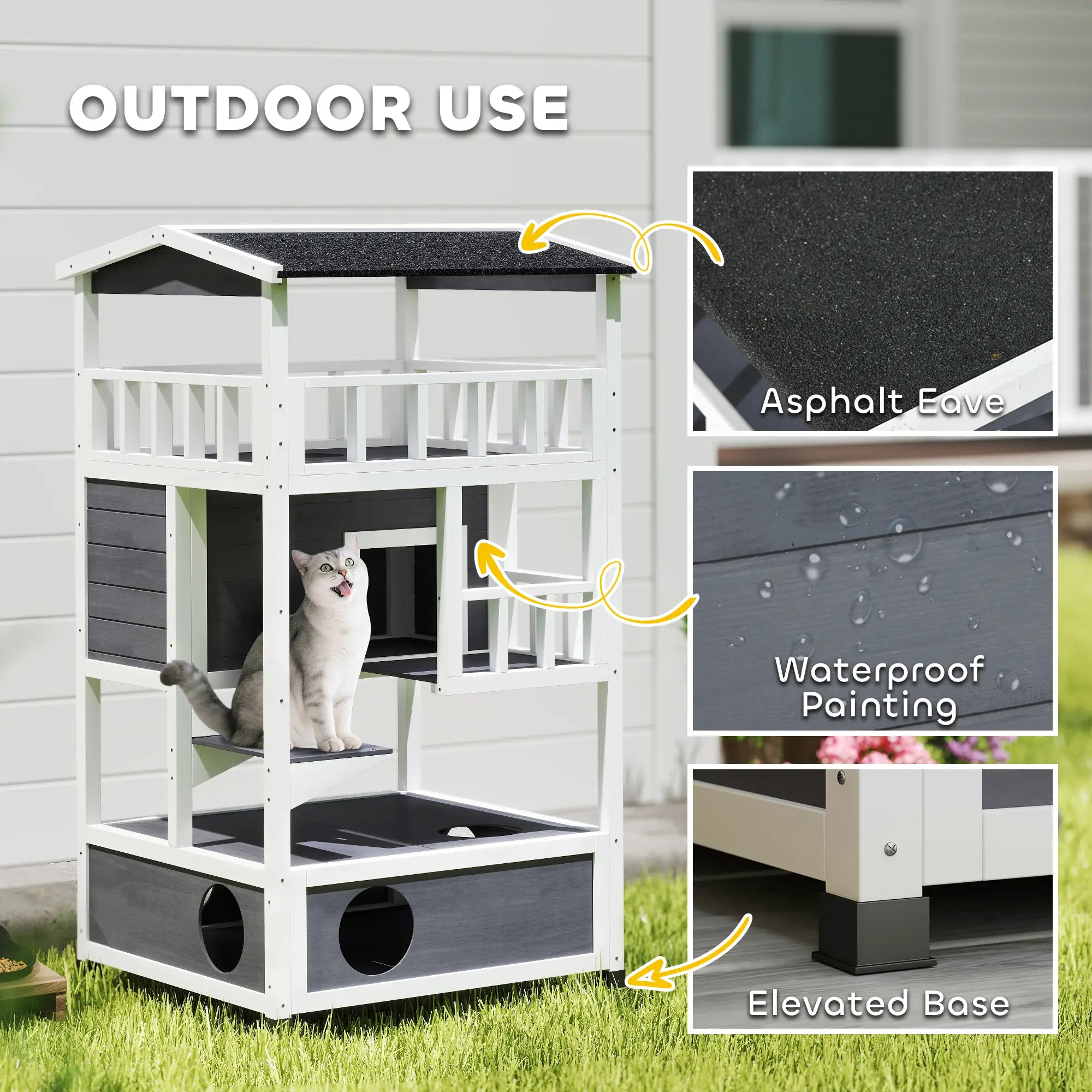 4-Floor Wood Outdoor Cat House, Condo, Fun Entrances, Perch, Grey Cat Houses at Gallery Canada