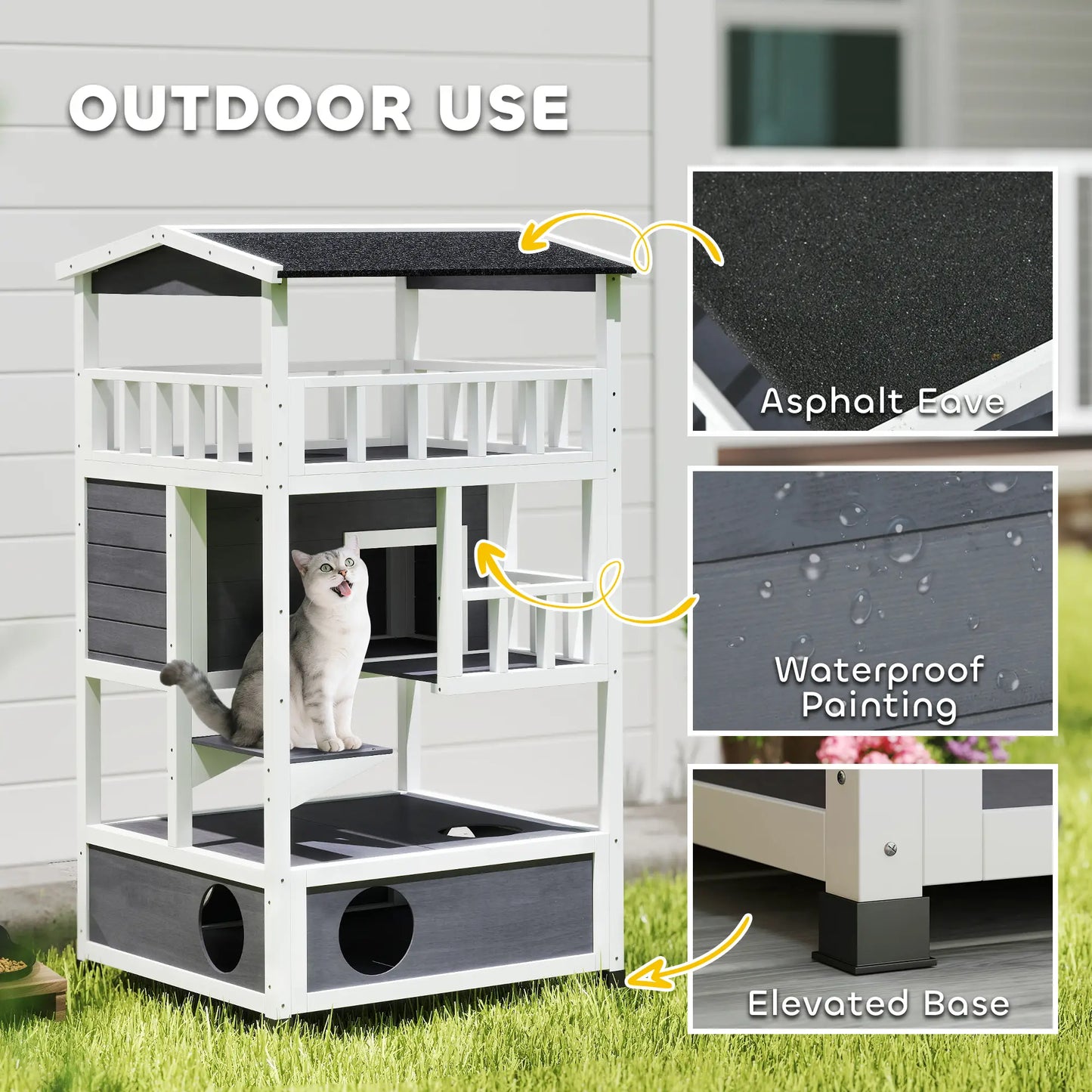 4-Floor Wood Outdoor Cat House, Condo, Fun Entrances, Perch, Grey Cat Houses at Gallery Canada