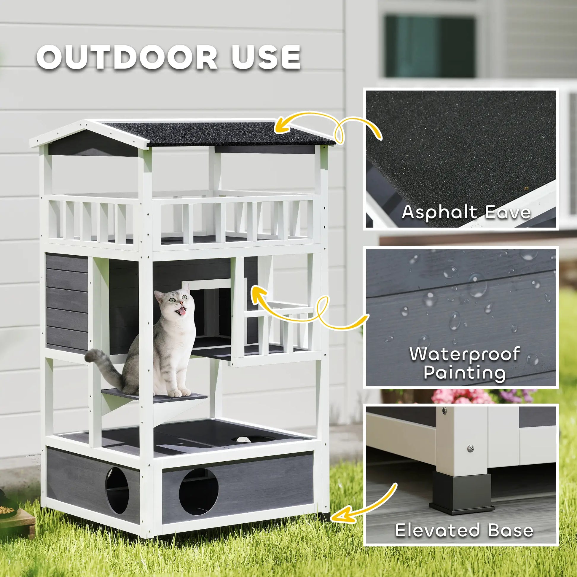 4-Floor Wood Outdoor Cat House, Condo, Fun Entrances, Perch, Grey Cat Houses at Gallery Canada