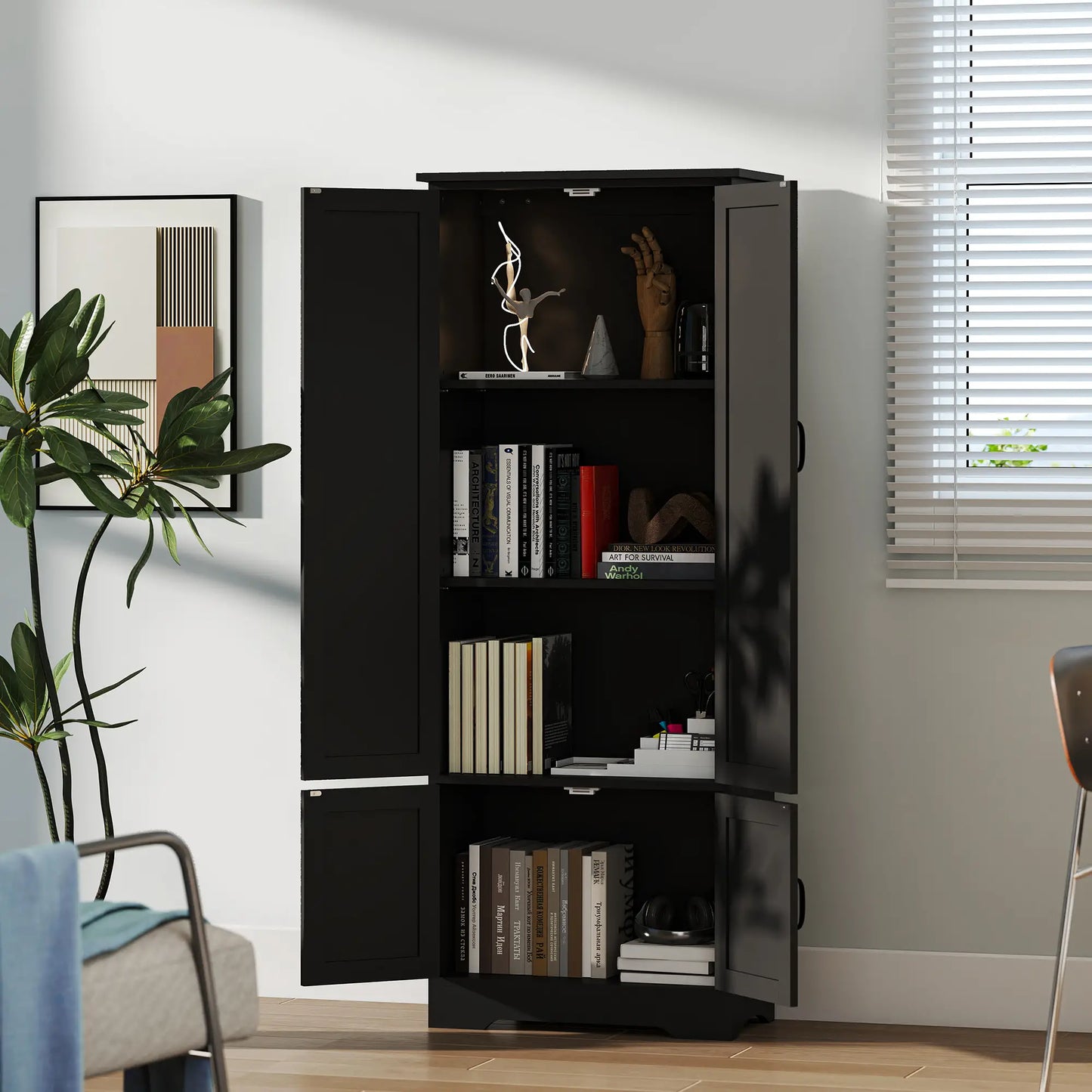 60 Inch 4-Door Storage Cabinet, Adjustable Shelves, Black Kitchen Pantry Cabinets at Gallery Canada